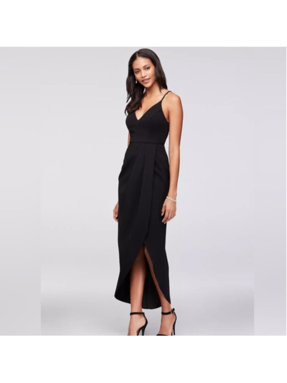 Xscape Dress Womens Sz 2 Black Tulip-Hem Crepe Midi V Neck Gown LBD XS9691